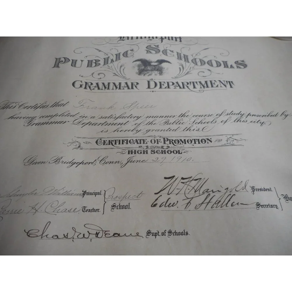 Grammar Department Certificate Graduation Speer Unframed 1910 Bridgeport CT